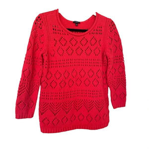 Talbots Women's Bright Red Pointelle Knit Diamond Pattern Sweater Size Small